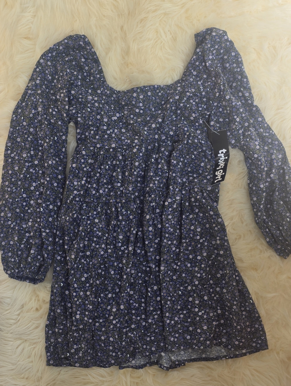 Trixxi Girl Small Y2K Babydoll Women’s Navy Floral Long-Sleeve Smocked Top